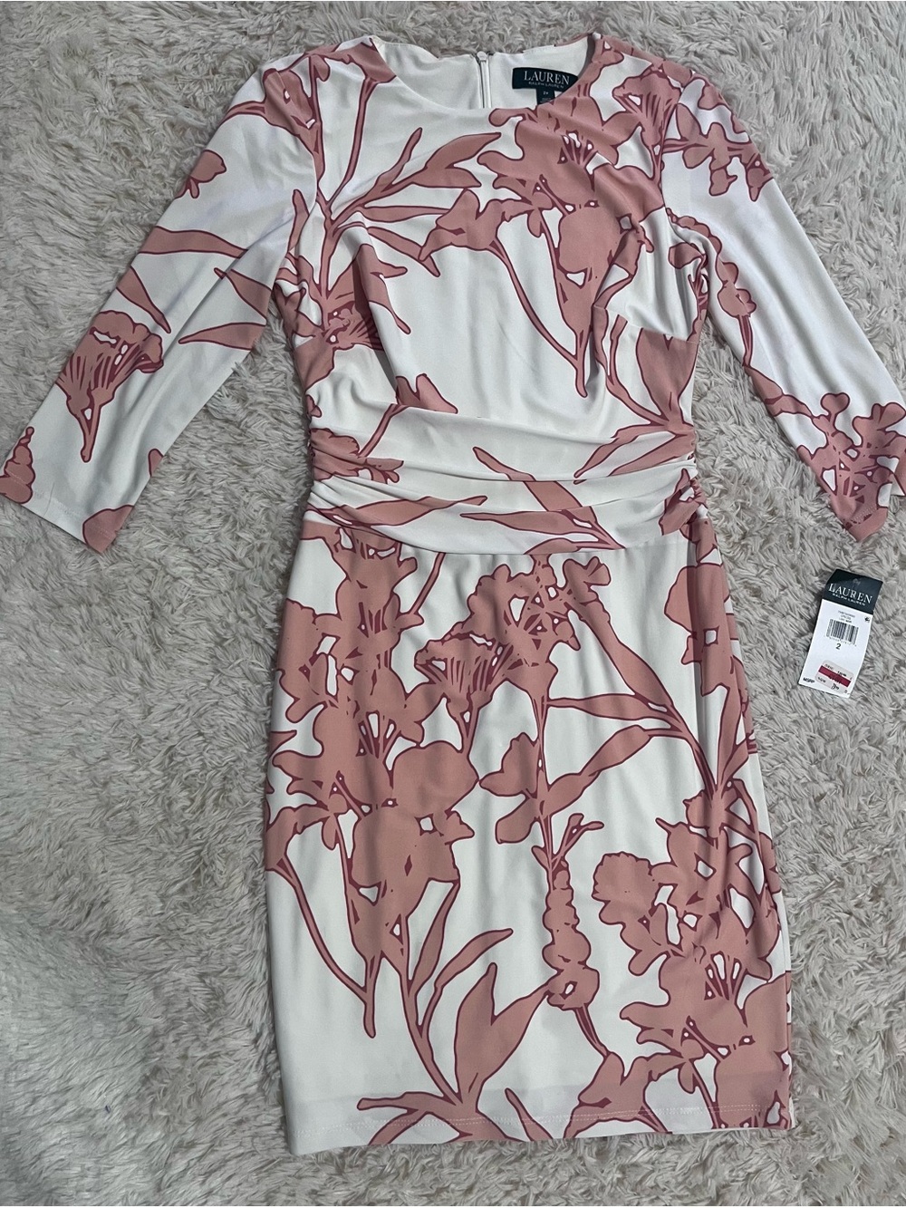 Ralph Lauren Ivory Sheath Dress with Dusty Rose Floral Print, Long Sleeve